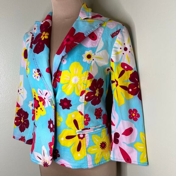 Moschino Jeans Jacket 10 Womens Blazer Colorful Retro Floral Designer Logo Italy - Picture 4 of 12